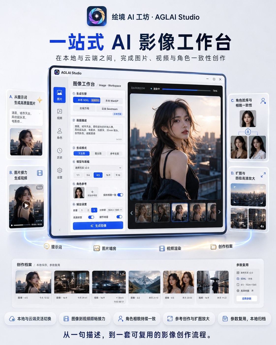 绘境 AI 工坊一站式影像创作工作台产品介绍展板